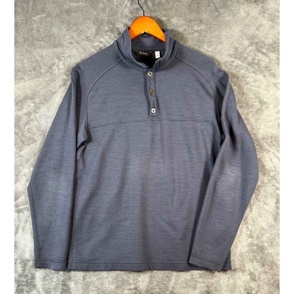 Ibex Shirt Mens Large Blue Merino Wool Snap Neck Long Sleeve Pullover Flaws